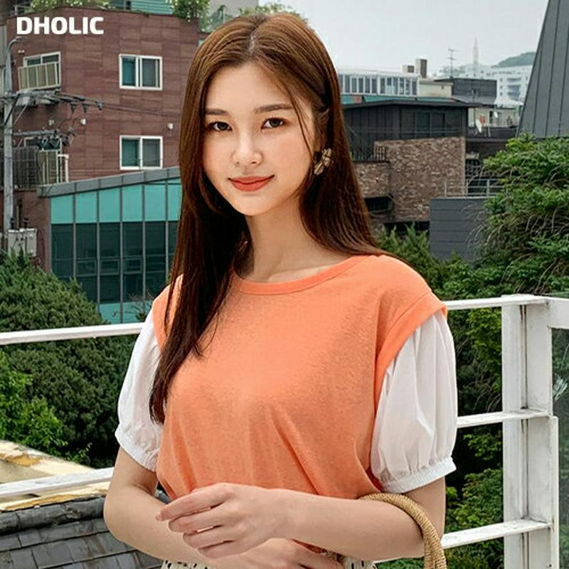 コントラストパフTシャツ・全4色・b59422 レディース【tops】【トップス Tシャツ 半袖 ショートスリーブ パフスリーブ