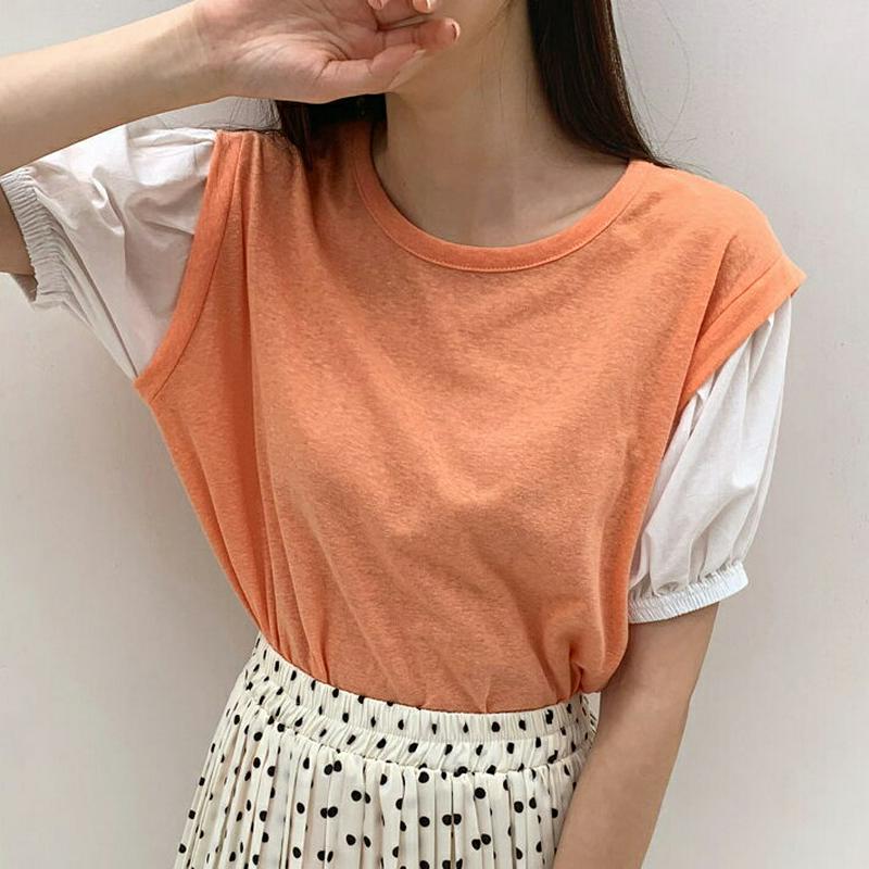 コントラストパフTシャツ・全4色・b59422 レディース【tops】【トップス Tシャツ 半袖 ショートスリーブ パフスリーブ