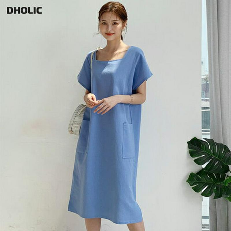 リネン混スクエアワンピース・全3色・b59433 レディース【ops】【ワンピース ミディ丈 ミディワンピース 半袖 リネン ス