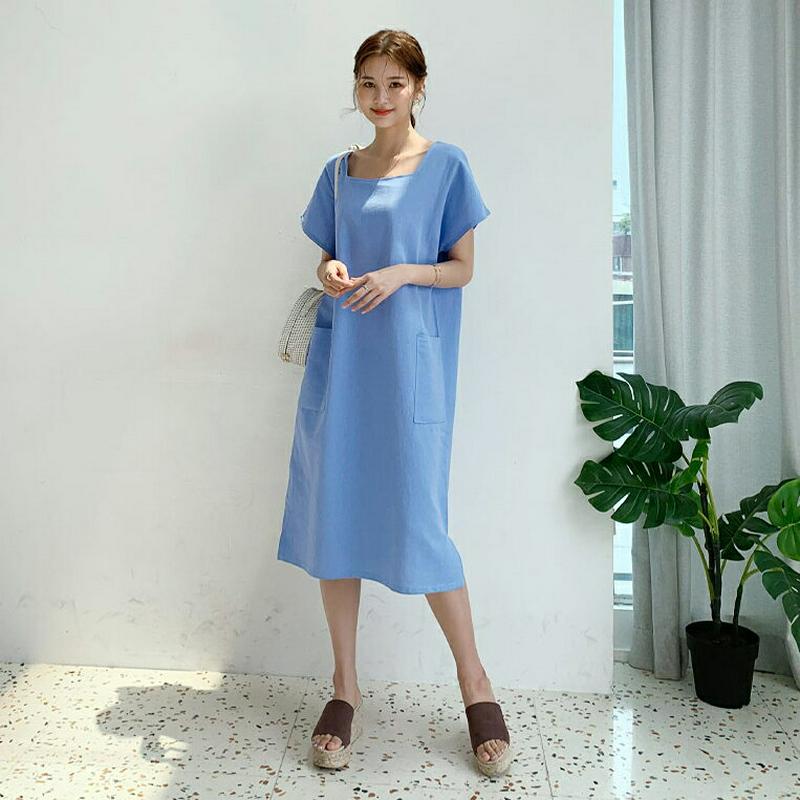 リネン混スクエアワンピース・全3色・b59433 レディース【ops】【ワンピース ミディ丈 ミディワンピース 半袖 リネン ス