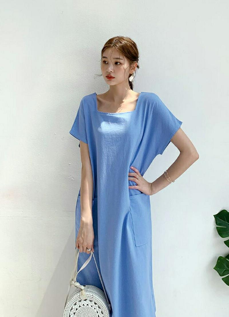 リネン混スクエアワンピース・全3色・b59433 レディース【ops】【ワンピース ミディ丈 ミディワンピース 半袖 リネン ス