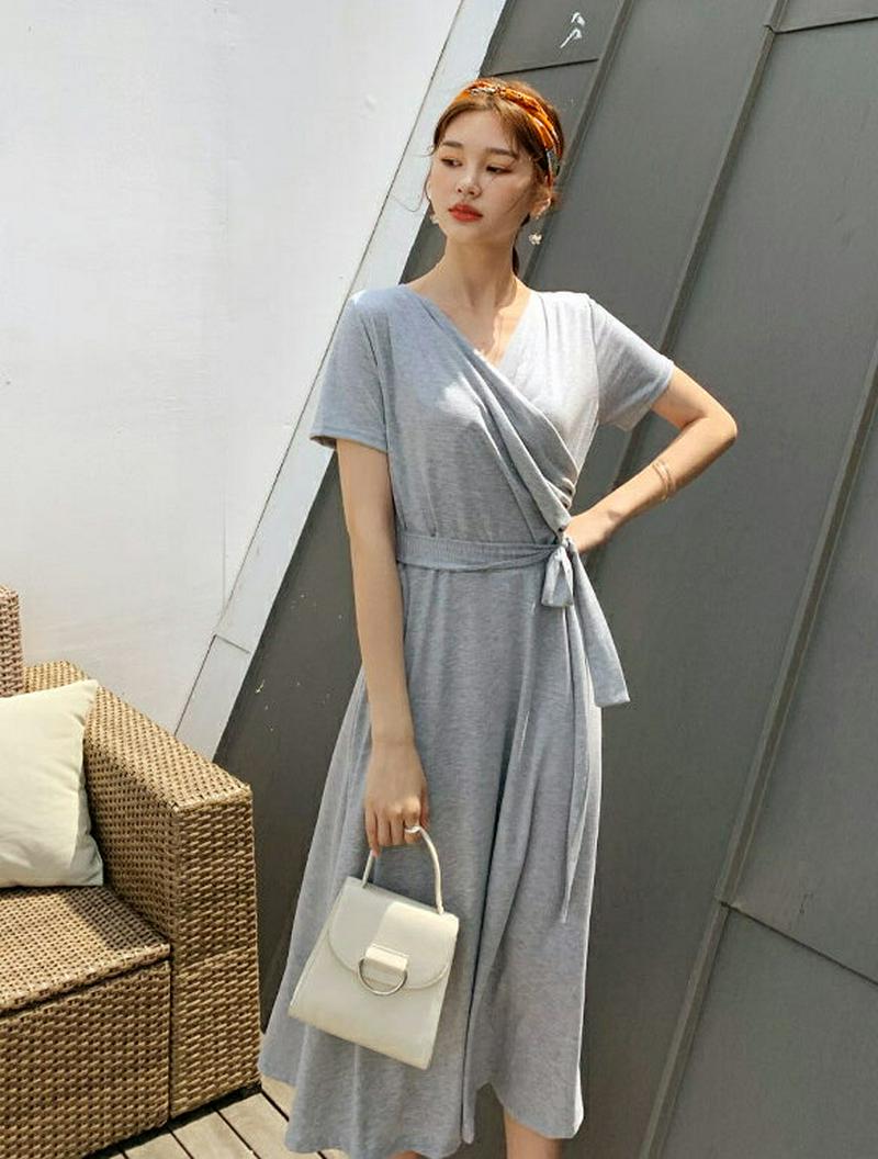 ラップ調フレアワンピース・全3色・b59434 レディース【ops】【ワンピース ロング ロングワンピース 半袖 ラップデザイン