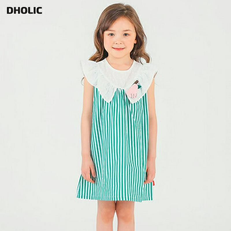ブローチ付ストライプワンピース p002237 キッズ 【3~8才】【ops】【ワンピース ミディワンピース ノースリーブ スリーブレス ラウンドネック フレア ラッフル フリル ストライプ 女の子 子供 学生服 ジュニア服 ジュニア 春 夏】【KIDS】