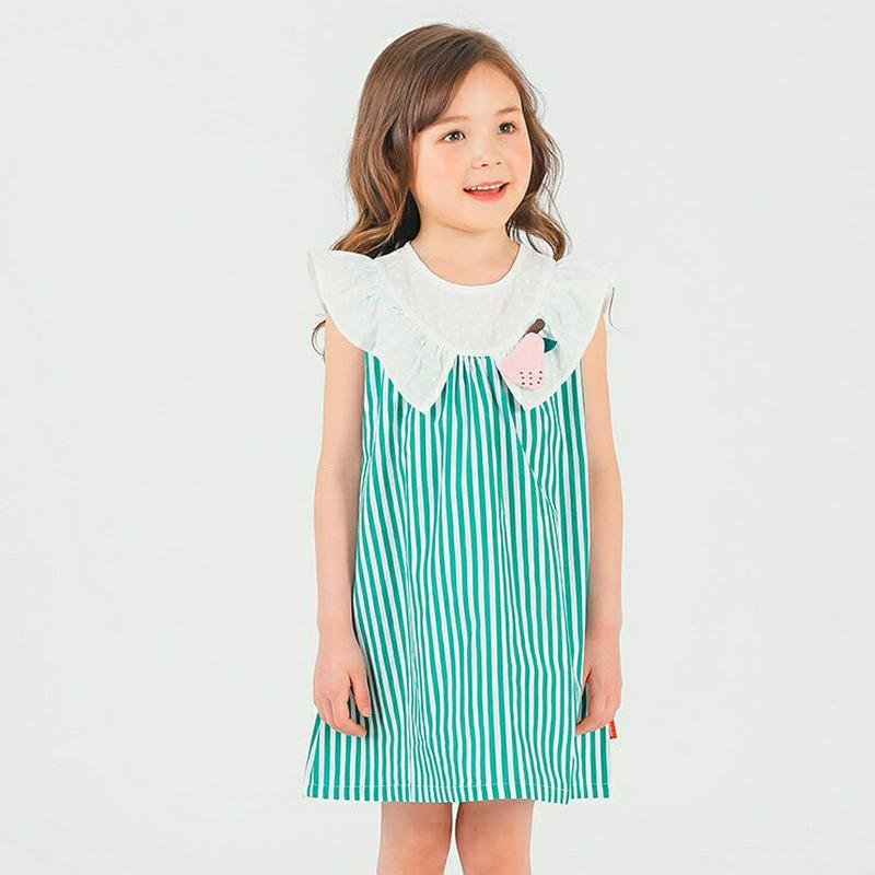 ブローチ付ストライプワンピース p002237 キッズ 【3~8才】【ops】【ワンピース ミディワンピース ノースリーブ スリーブレス ラウンドネック フレア ラッフル フリル ストライプ 女の子 子供 学生服 ジュニア服 ジュニア 春 夏】【KIDS】