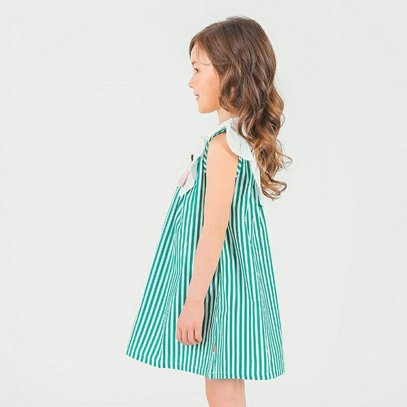 ブローチ付ストライプワンピース p002237 キッズ 【3~8才】【ops】【ワンピース ミディワンピース ノースリーブ スリーブレス ラウンドネック フレア ラッフル フリル ストライプ 女の子 子供 学生服 ジュニア服 ジュニア 春 夏】【KIDS】