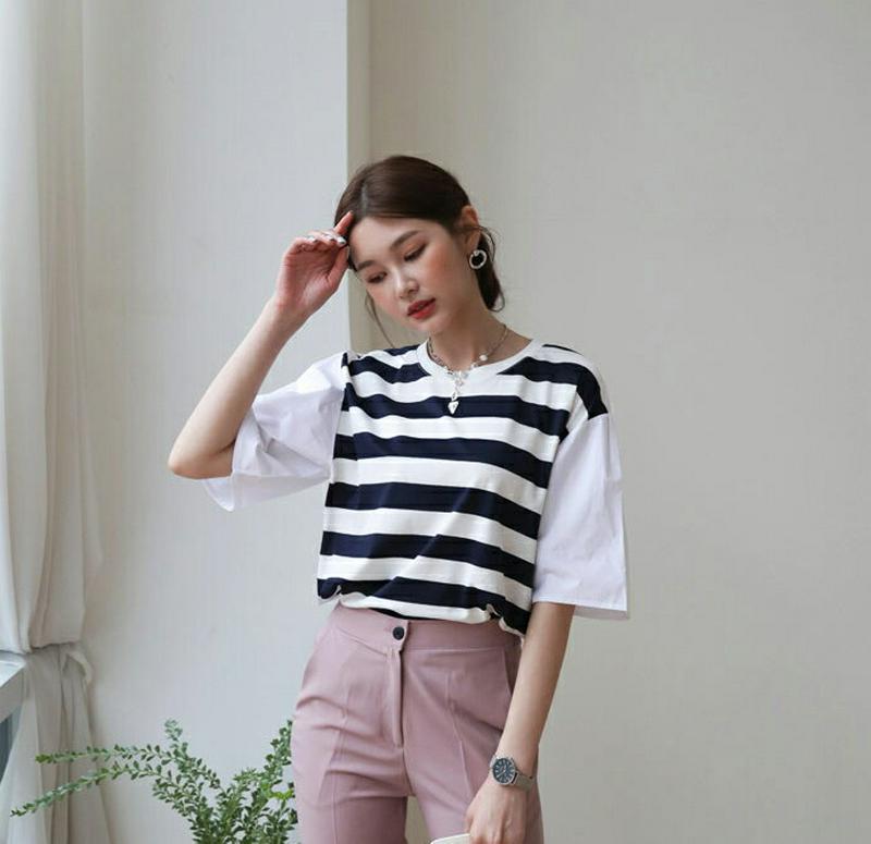 コントラストボーダーTシャツ・全2色・b55634 レディース【tops】【トップス Tシャツ 半袖 ハーフスリーブ コントラス