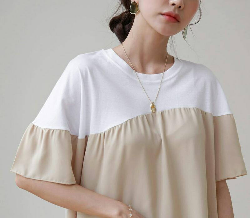 フレアコントラストTシャツ・全2色・b55670 レディース【tops】【トップス Tシャツ 半袖 コントラスト フレア 大人 