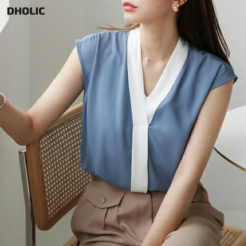 【只今10%OFF】≪人気商品再入荷≫Vネック配色ブラウス・全3色・t62258 レディース【bl】 韓国 ファッション トップス ブラウス スリーブレス ノースリーブ Vネック 配色 大人 きれいめ 春 夏 ハイホリHIHOLLI