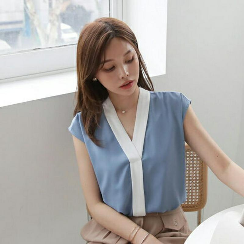 【只今10%OFF】≪人気商品再入荷≫Vネック配色ブラウス・全3色・t62258 レディース【bl】 韓国 ファッション トップス ブラウス スリーブレス ノースリーブ Vネック 配色 大人 きれいめ 春 夏 ハイホリHIHOLLI