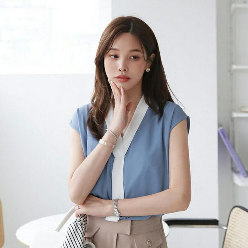 【只今10%OFF】≪人気商品再入荷≫Vネック配色ブラウス・全3色・t62258 レディース【bl】 韓国 ファッション トップス ブラウス スリーブレス ノースリーブ Vネック 配色 大人 きれいめ 春 夏 ハイホリHIHOLLI