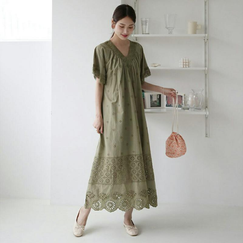 刺繍レースVネックワンピース・全3色・b62278 レディース【ops】【ワンピース ロング ロングワンピース 刺繍 レース V