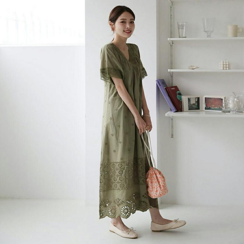 刺繍レースVネックワンピース・全3色・b62278 レディース【ops】【ワンピース ロング ロングワンピース 刺繍 レース V