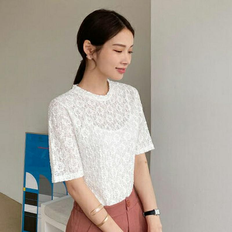 レースラウンドネックTシャツ・全2色・t62251 レディース【tops】【トップス Tシャツ 半袖 ハーフスリーブ レース 総