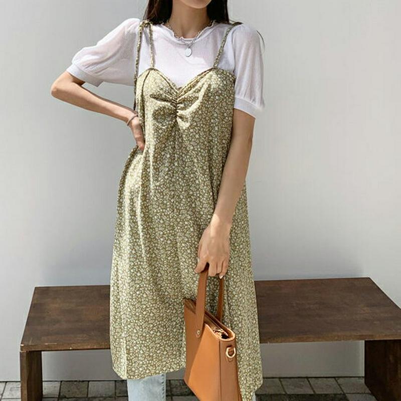 小花柄ギャザーワンピース・全3色・b55605 レディース【ops】【ワンピース ミディ丈 ミディワンピース キャミソールワンピ