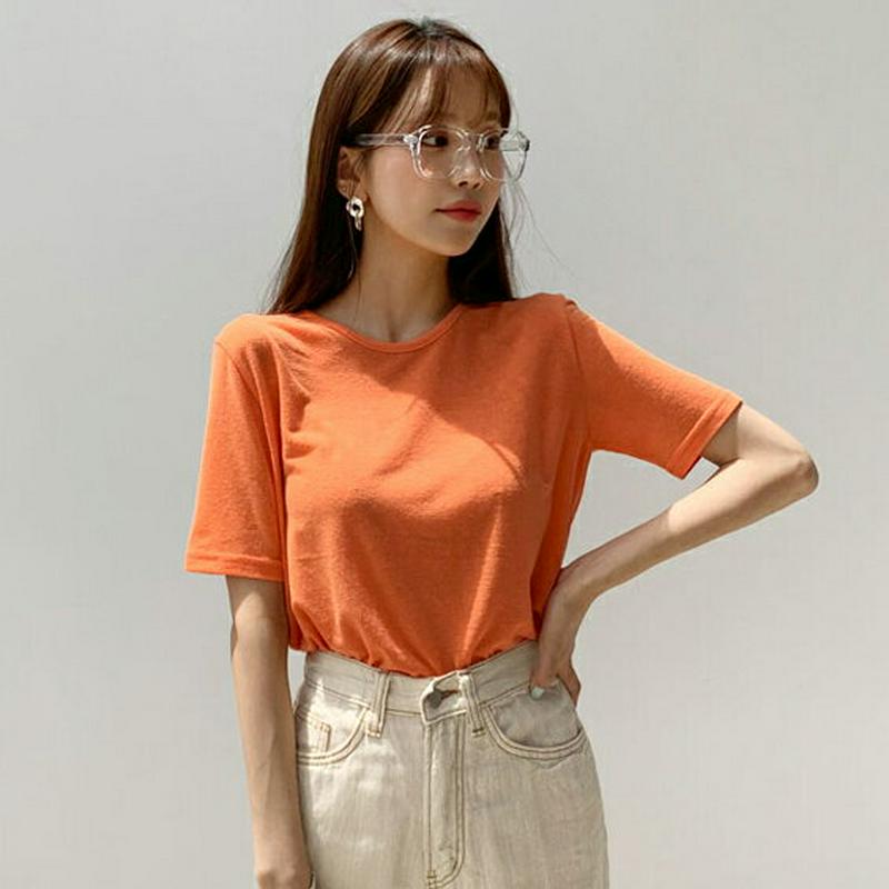 リネン混ラウンドTシャツ・全7色・b55565 レディース【tops】【トップス Tシャツ 半袖 ハーフスリーブ リネン 単色 