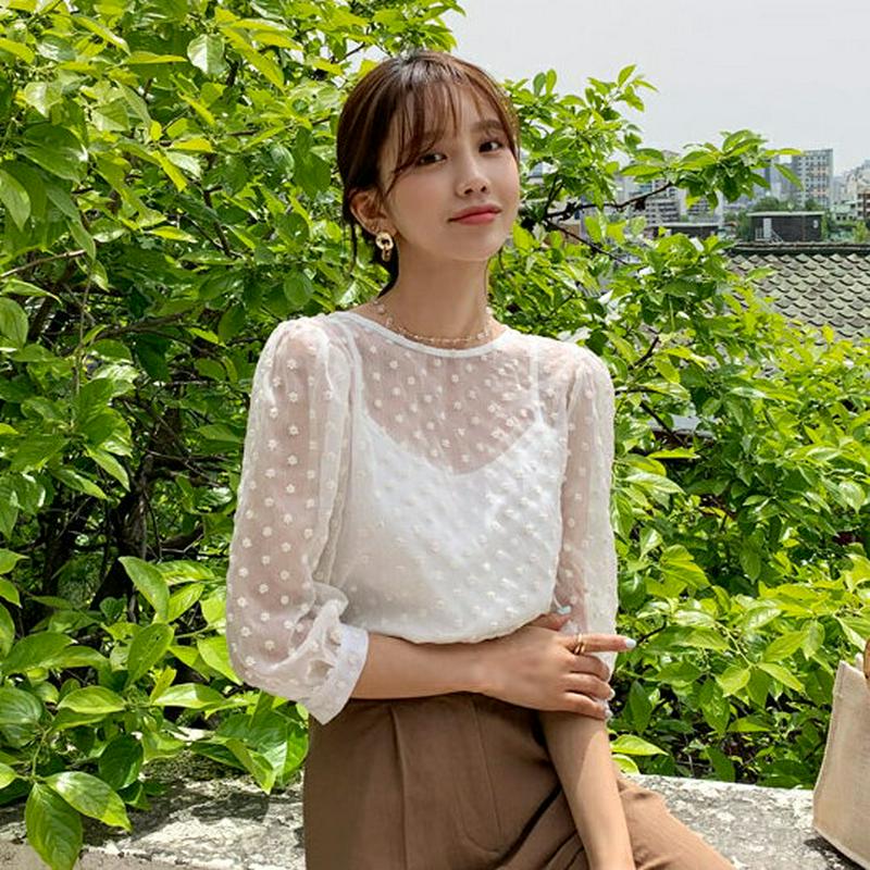 キャミ付フラワー刺繍ブラウス・全3色・b55667 レディース【bl】【トップス ブラウス 七分丈 七分袖 7分丈 7分袖 シア
