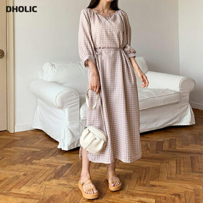 ストラップ付チェックワンピース・全2色・b55578 レディース【ops】【ワンピース ロング ロングワンピース 七分丈 七分袖