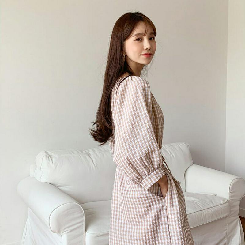 ストラップ付チェックワンピース・全2色・b55578 レディース【ops】【ワンピース ロング ロングワンピース 七分丈 七分袖