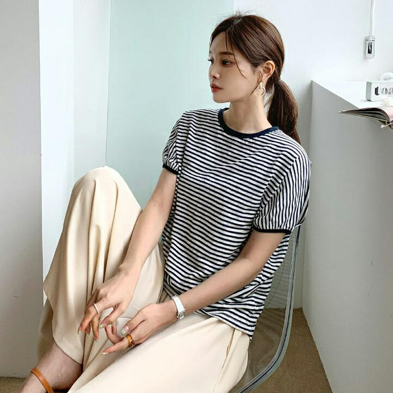 パフスリーブボーダーTシャツ・全4色・b62263 レディース【tops】【トップス Tシャツ 半袖　ボーダー 柄 カジュアル 