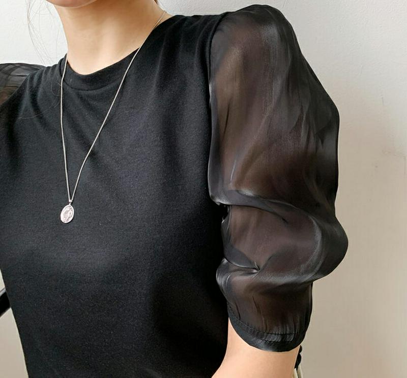 サテンパフTシャツ・全3色・t62261 レディース【tops】【トップス Tシャツ 半袖 ハーフスリーブ シアー 透け感 シー