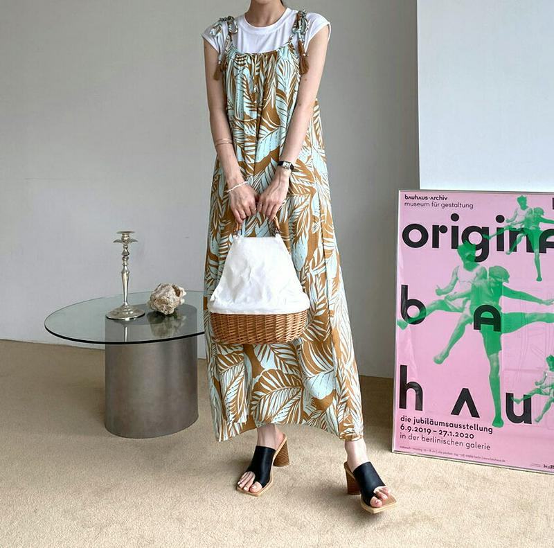 ストラップ付リーフパターンワンピース・全3色・t62273 レディース【ops】【ワンピース ロング ロングワンピース スリーブ