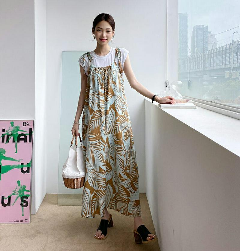 ストラップ付リーフパターンワンピース・全3色・t62273 レディース【ops】【ワンピース ロング ロングワンピース スリーブ