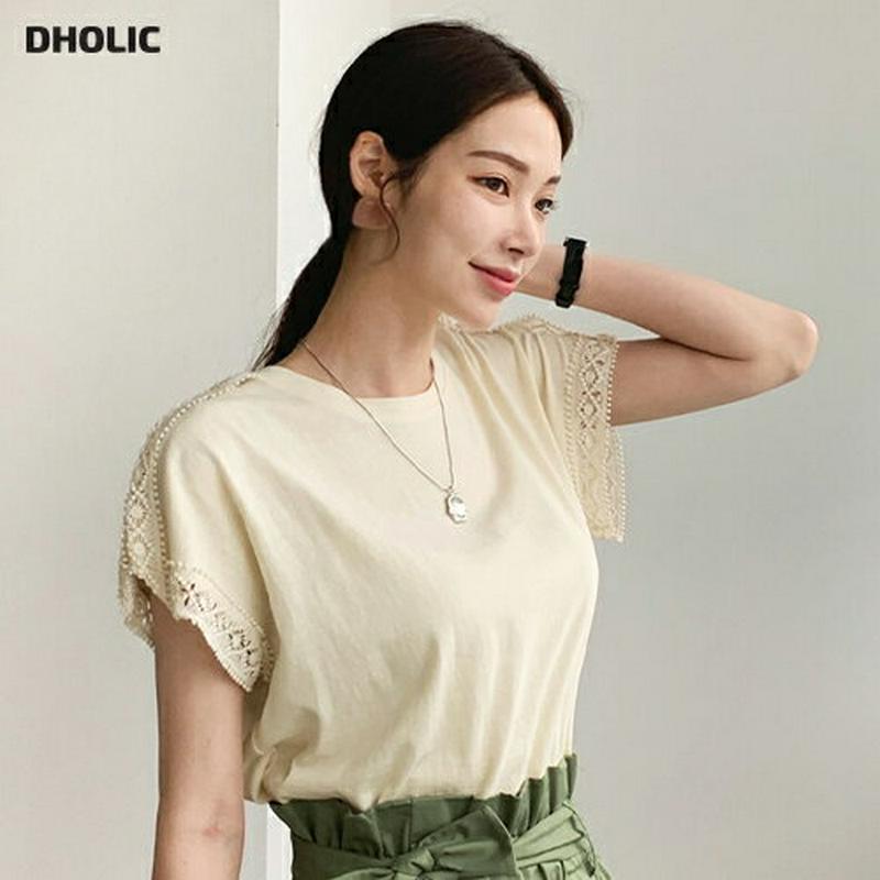 レーストリムスリーブTシャツ・全3色・b62266 レディース【tops】【トップス Tシャツ 半袖 レース 大人 カジュアル 