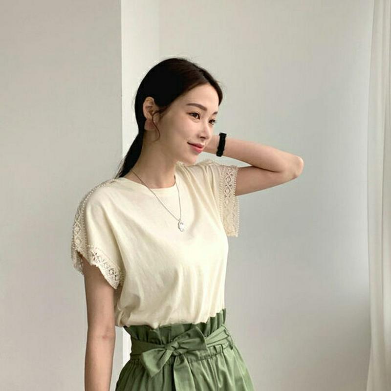 レーストリムスリーブTシャツ・全3色・b62266 レディース【tops】【トップス Tシャツ 半袖 レース 大人 カジュアル 