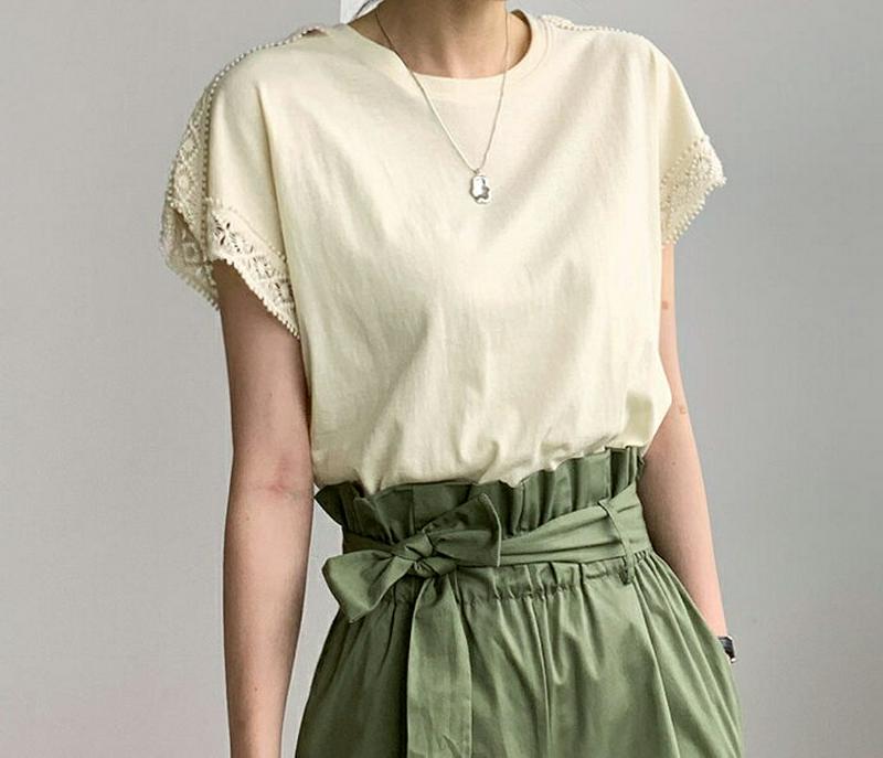 レーストリムスリーブTシャツ・全3色・b62266 レディース【tops】【トップス Tシャツ 半袖 レース 大人 カジュアル 