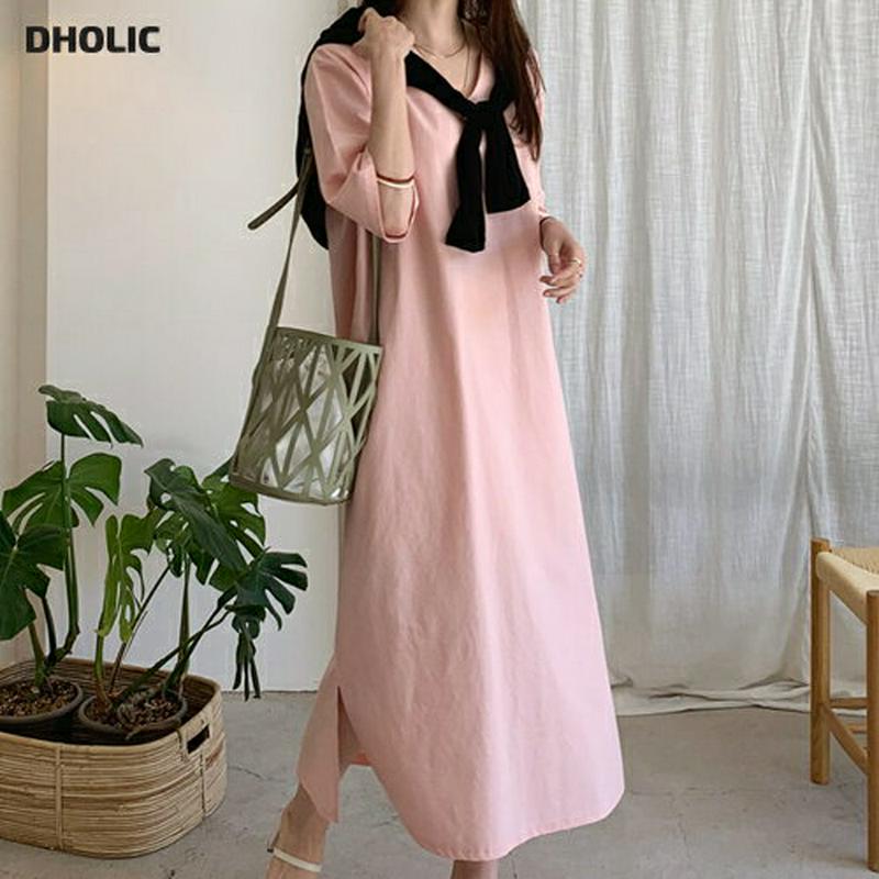 Vネックコットンワンピース・全4色・b62240 レディース【ops】【ワンピース ロング ロングワンピース 七分丈 七分袖 7