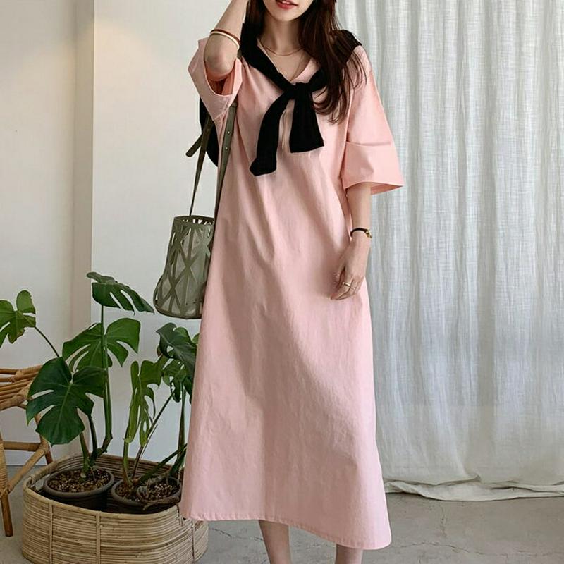 Vネックコットンワンピース・全4色・b62240 レディース【ops】【ワンピース ロング ロングワンピース 七分丈 七分袖 7