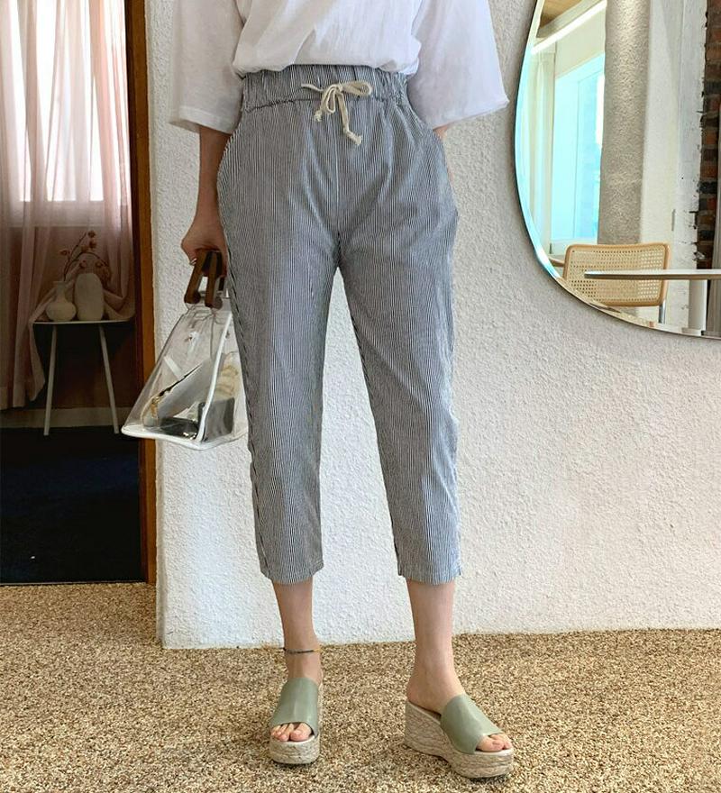 ドロストストライプパンツ・全2色・b62260 レディース【pt】【パンツ ズボン ボトムス ストライプ 柄 ドロスト クロップ