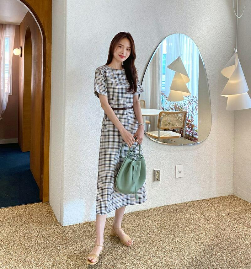 チェックスリットワンピース・全2色・t62239 レディース【ops】【ワンピース ロング ロングワンピース 半袖 チェック チ