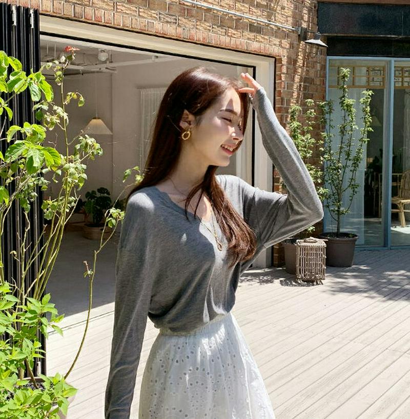 VネックラウンドヘムTシャツ・全3色・t62229 レディース【tops】【トップス Tシャツ 長袖 ロンT 単色 Vネック 無