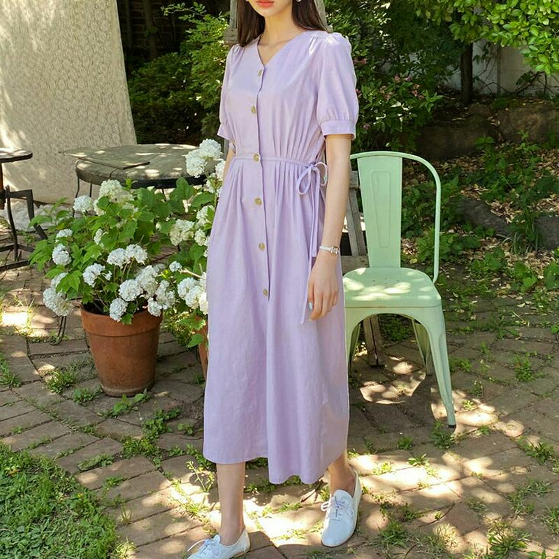 ボタンリボンワンピース・全4色・t59357 レディース【ops】【ワンピース ロング ロングワンピース 半袖 リボン りぼん 