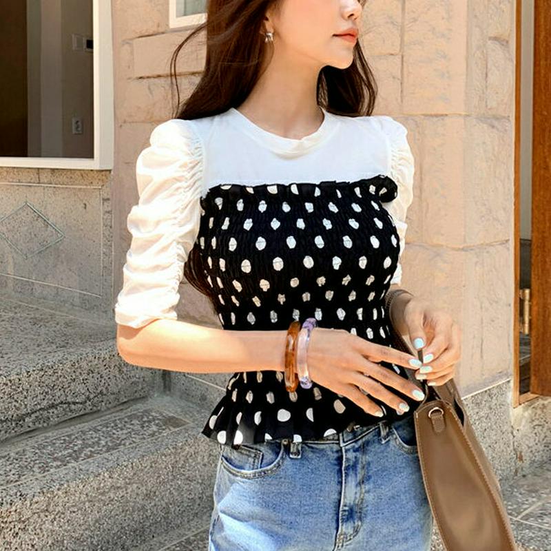 ドットシャーリングTシャツ・全2色・t59343 レディース【tops】【トップス Tシャツ 半袖 ハーフスリーブ ドット　柄 