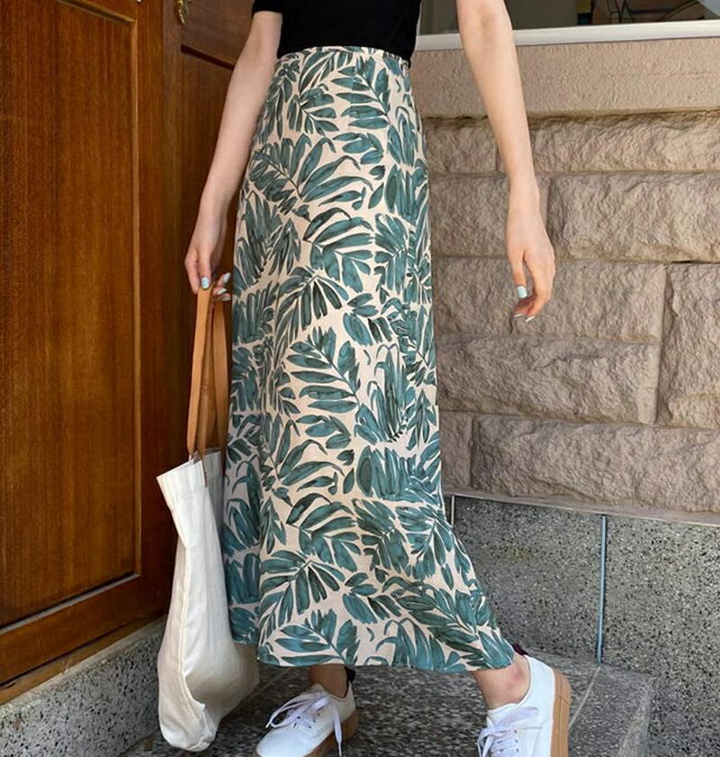 リーフパターンスカート・全2色・b59367 レディース【sk】【スカート ロング ロングスカート 総柄 リーフ カジュアル 大