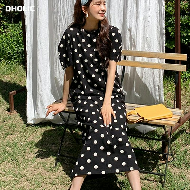 ドットスリットワンピース・全3色・b59355 レディース【ops】 韓国ファッション ワンピース ロングワンピース 半袖 スリット ドット 柄 ガーリー 可愛い かわいい 体型カバー 春 夏