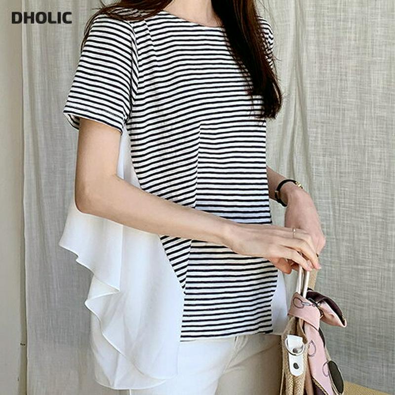 シフォン配色ボーダーTシャツ・全2色・b62225 レディース【tops】【トップス Tシャツ 半袖 ハーフスリーブ ボーダー 