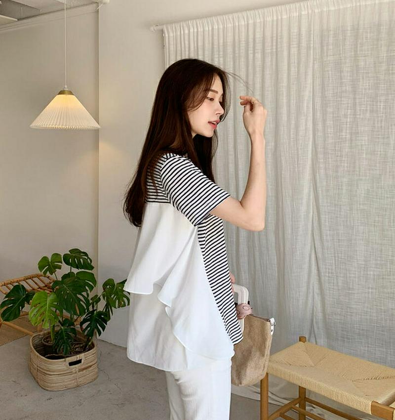 シフォン配色ボーダーTシャツ・全2色・b62225 レディース【tops】【トップス Tシャツ 半袖 ハーフスリーブ ボーダー 