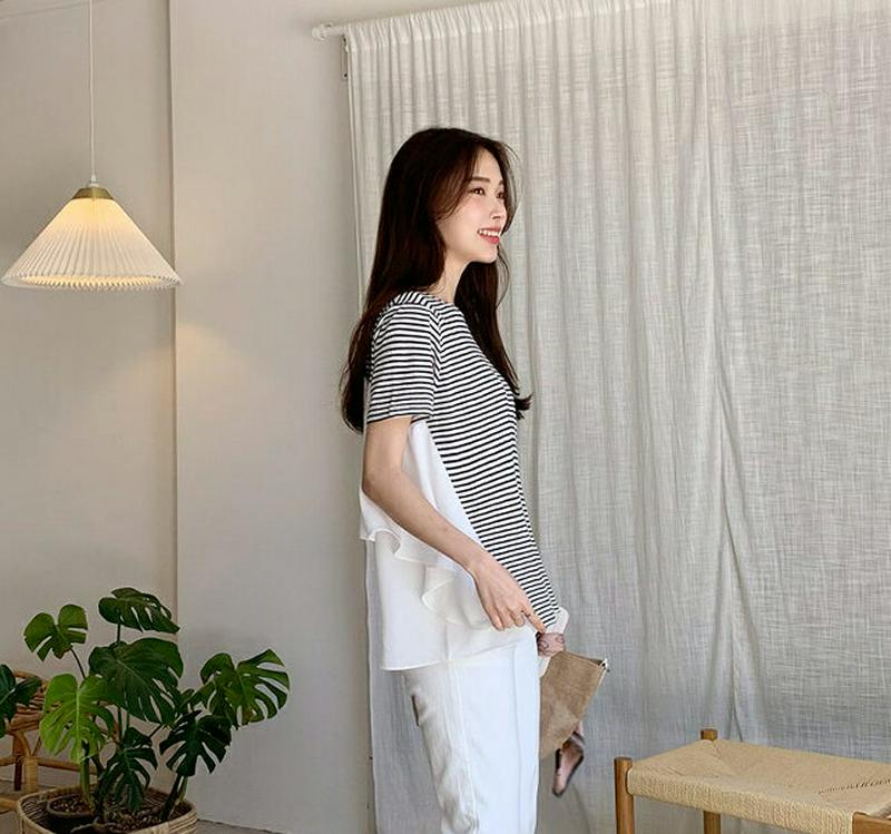 シフォン配色ボーダーTシャツ・全2色・b62225 レディース【tops】【トップス Tシャツ 半袖 ハーフスリーブ ボーダー 