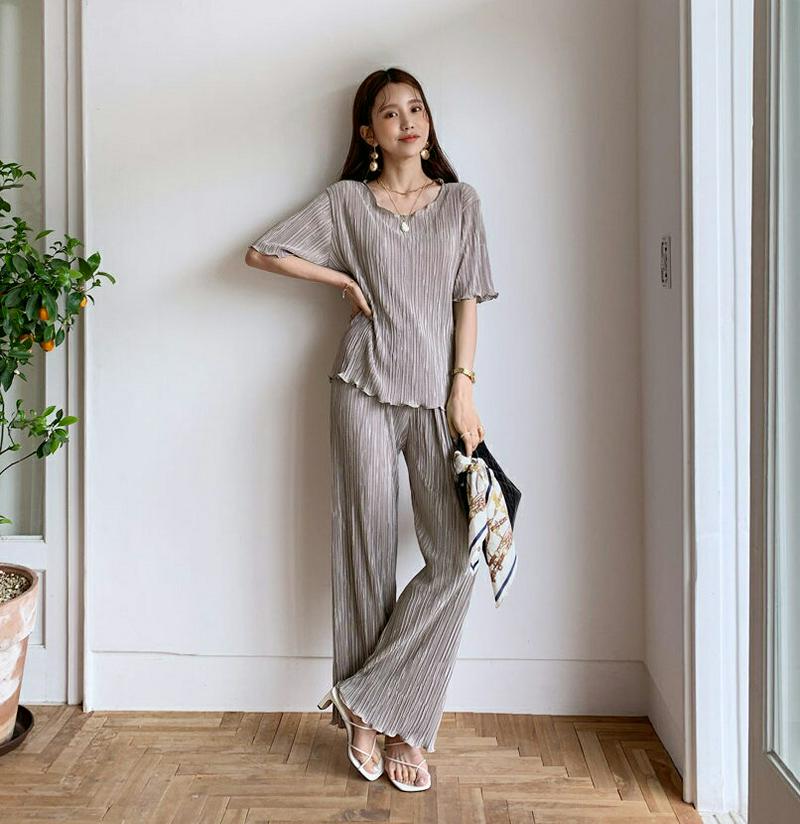 プリーツTシャツ&パンツSET・全3色・t56095 レディース【pt】【セットアップ トップス Tシャツ 半袖 ハーフスリーブ