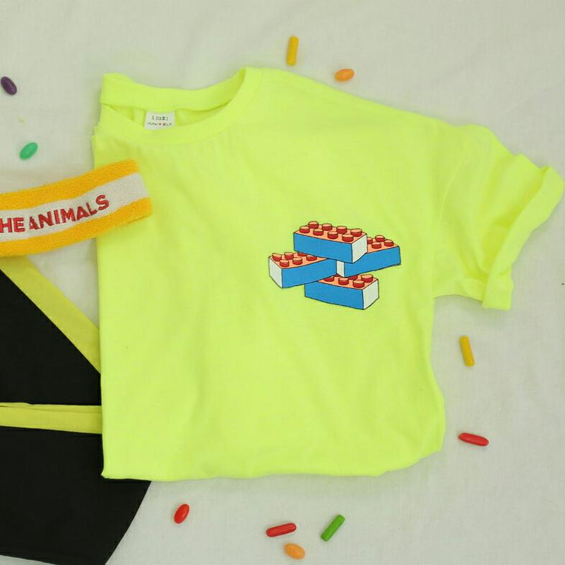 ブロックポイントTシャツ(ネオンイエロー) p001604 キッズ 【9~17才】【tops】【韓国 ファッション トップス T