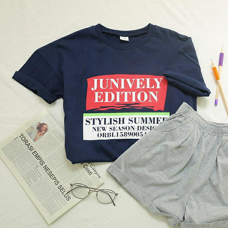 JUNIVELYロゴTシャツ(ネイビー) p001613 キッズ 【9~17才】【tops】【韓国 ファッション トップス Tシ