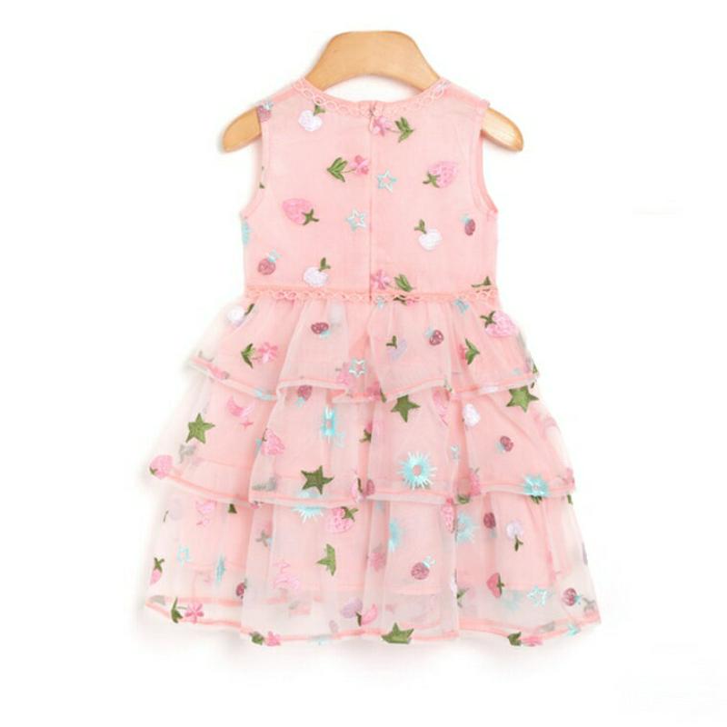 フルーツティアードワンピース p002229 キッズ 【3~8才】【ops】【ワンピース ミディワンピース 膝丈 膝上 ラウンドネック ノースリーブ スリーブレス チュール レース フレア Aライン パターン イチゴ 女の子 子供 乳幼児 春 夏】【KIDS】