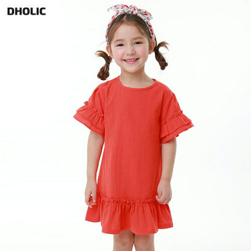 ラウンドネックフリルワンピース p002231 キッズ 【3~8才】【ops】【韓国 ファッション ワンピース ミディワンピース 膝丈 膝上 ラウンドネック 半袖 ハーフスリーブ フリル Hライン カットソー Tシャツ 女の子 子供 乳幼児 春 夏】【KIDS】