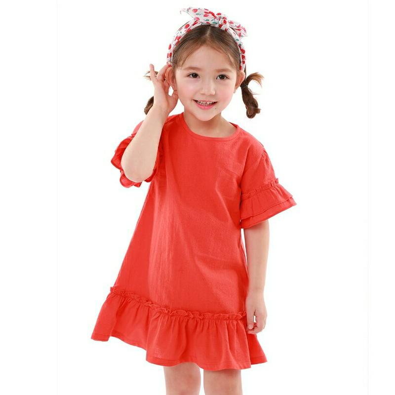 ラウンドネックフリルワンピース p002231 キッズ 【3~8才】【ops】【韓国 ファッション ワンピース ミディワンピース 膝丈 膝上 ラウンドネック 半袖 ハーフスリーブ フリル Hライン カットソー Tシャツ 女の子 子供 乳幼児 春 夏】【KIDS】