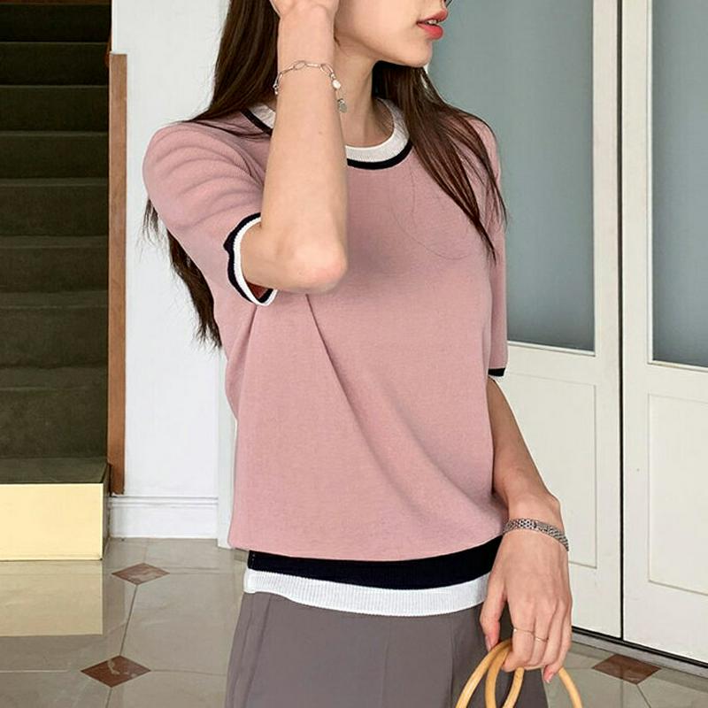 ラウンド配色ヘムニット・全3色・b62193 レディース【tops】【トップス ニット ニットトップス 半袖 ハーフスリーブ 配