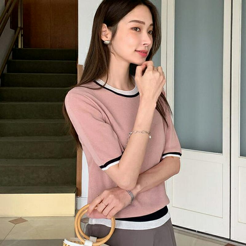 ラウンド配色ヘムニット・全3色・b62193 レディース【tops】【トップス ニット ニットトップス 半袖 ハーフスリーブ 配
