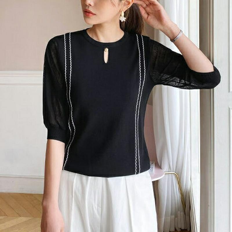 コインポイントウェーブ刺繍ニット・全2色・b62187 レディース【tops】【トップス ニット ニットトップス 七分丈 七分袖
